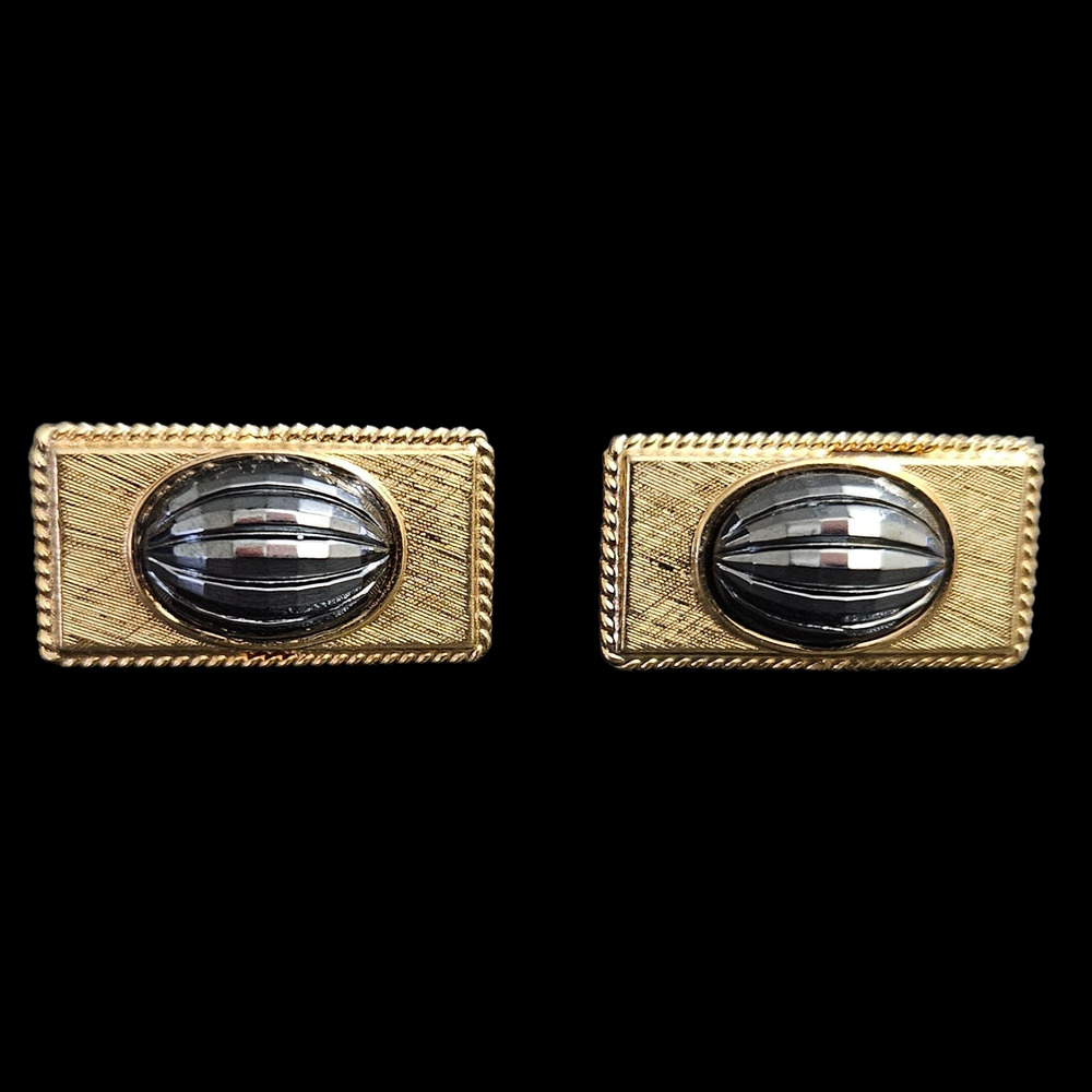 Vintage Swank Gold Tone Black Hematite Cabochon Rectangle Cufflinks 26x14mm
